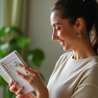Programme de gestion du poids par suivi nutritionnel à Lyon, femme souriante avec un carnet alimentaire